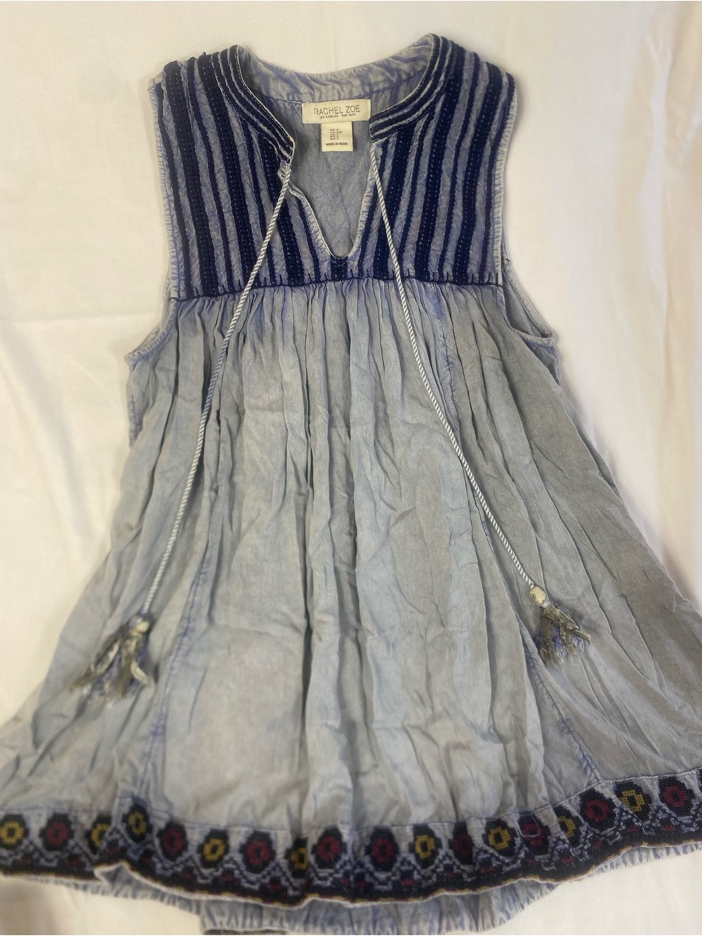 Boho Hippie Cowgirl Blue and Navy Embroidered Sleeveless Babydoll Tunic